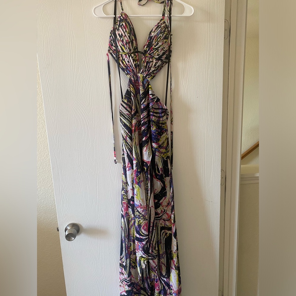 Cut out floor length dress with high leg split in front